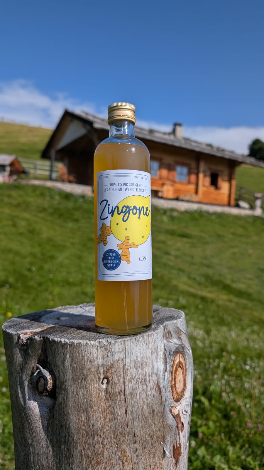 Zingone-Flasche vor Bergkulisse